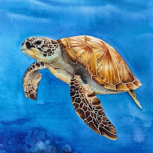 オリジナルの水彩画、ウミガメの絵画、海の動物のアートワーク、カメ