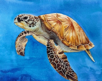 オリジナル水彩画、ウミガメの絵画、ウミガメの壁アート、海の動物の