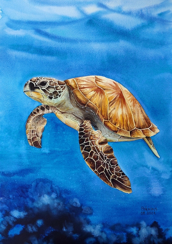 オリジナル水彩画、ウミガメの絵画、ウミガメの壁アート、海の動物の