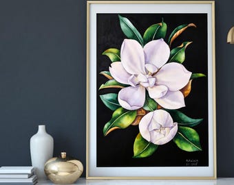 オリジナルのマグノリアの水彩画、植物の壁画、白いマグノリアの美術