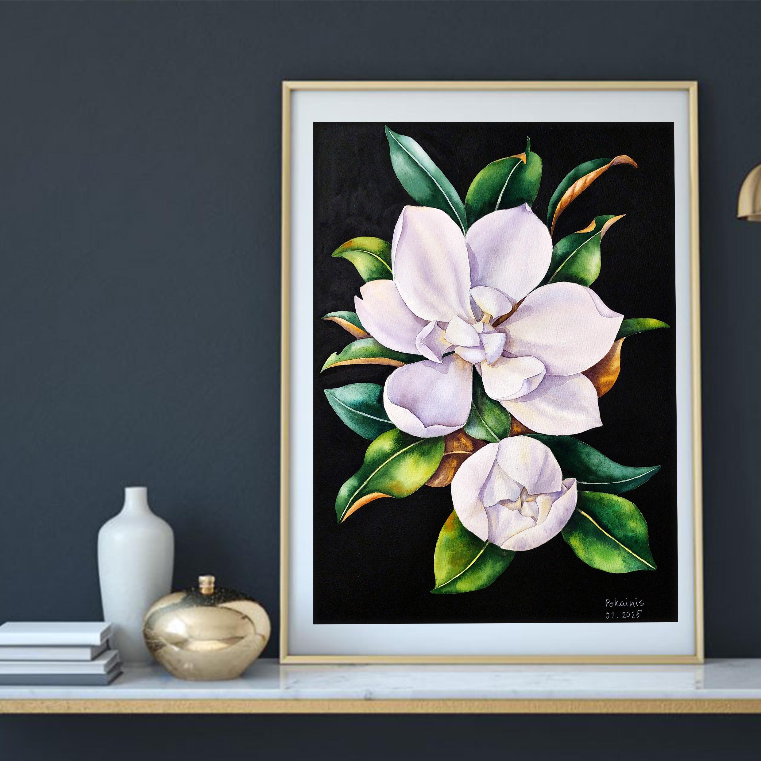 オリジナルのマグノリアの水彩画、植物の壁画、白いマグノリアの美術