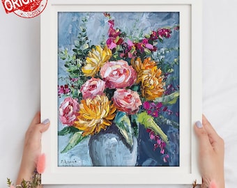 花のオリジナル油絵、バラの花の静物画の壁アート、花束の厚塗り油絵