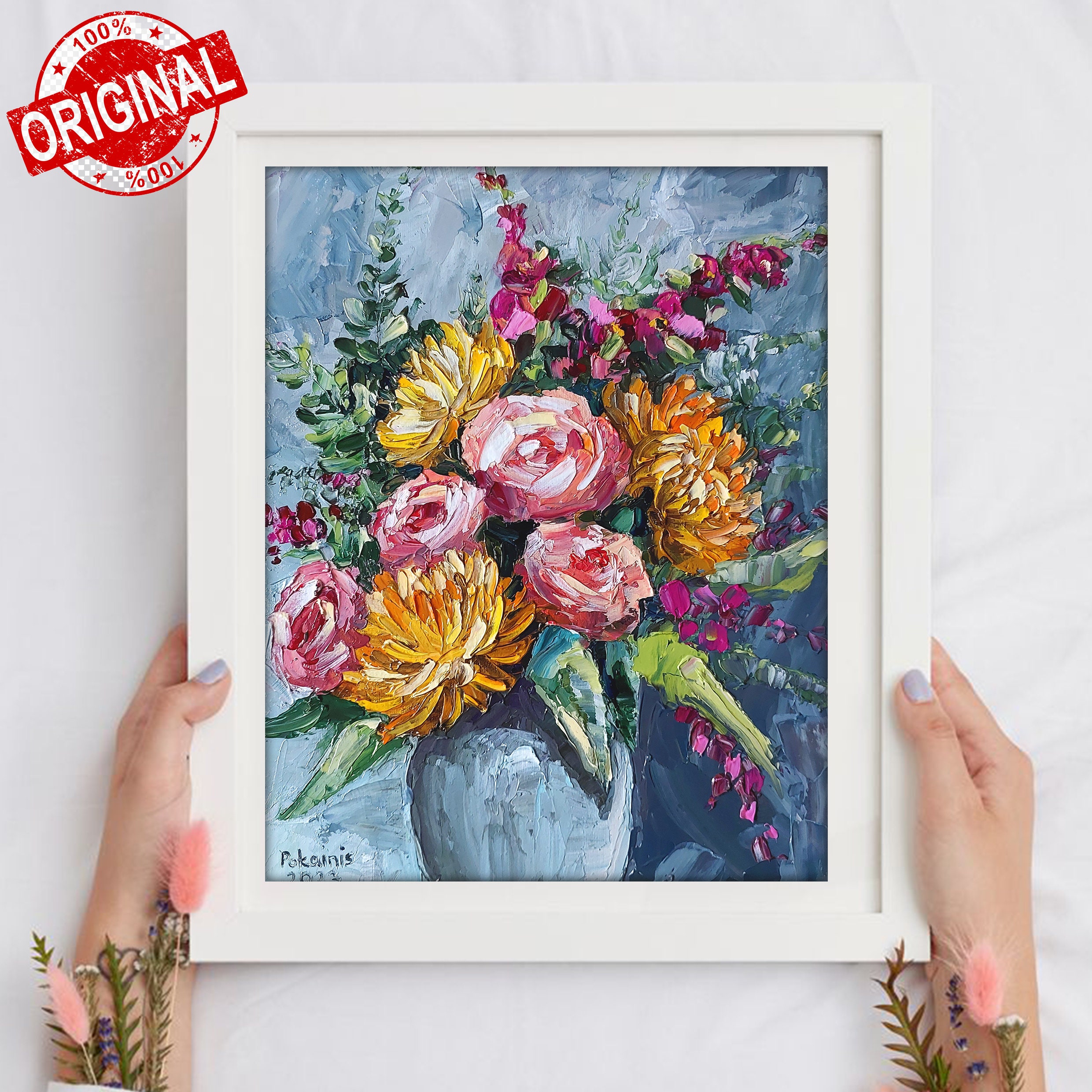 花のオリジナル油絵、バラの花の静物画の壁アート、花束の厚塗り油絵