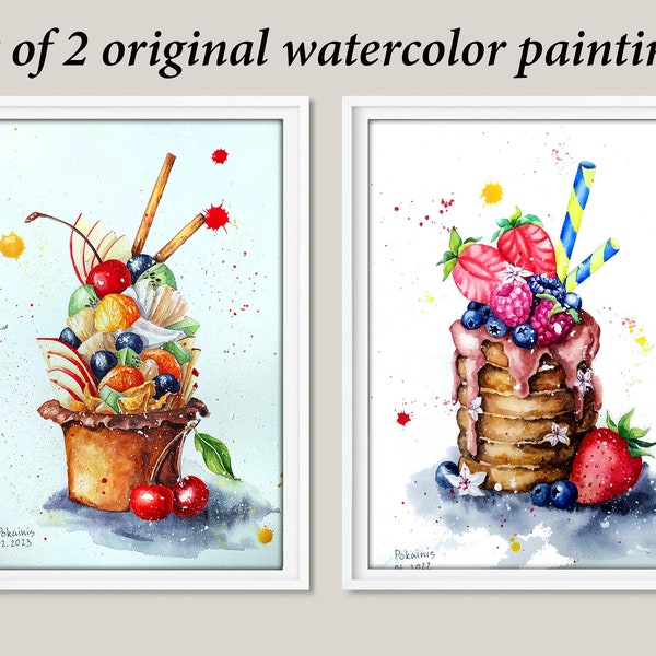 Ensemble de 2 aquarelles ORIGINALES, aquarelle, art mural nourriture, peinture pour cuisine, aquarelle de cupcake, oeuvre d'art de dessert