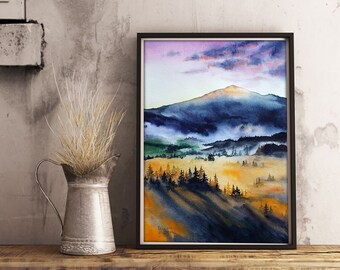 オリジナルの水彩画の霧の森の絵画、夕日の山のアートワーク、魅惑の森
