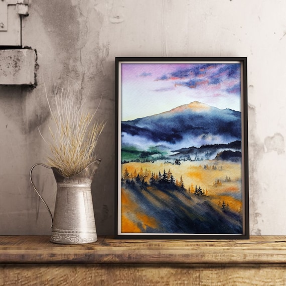 オリジナルの水彩画の霧の森の絵画、夕日の山のアートワーク、魅惑の森