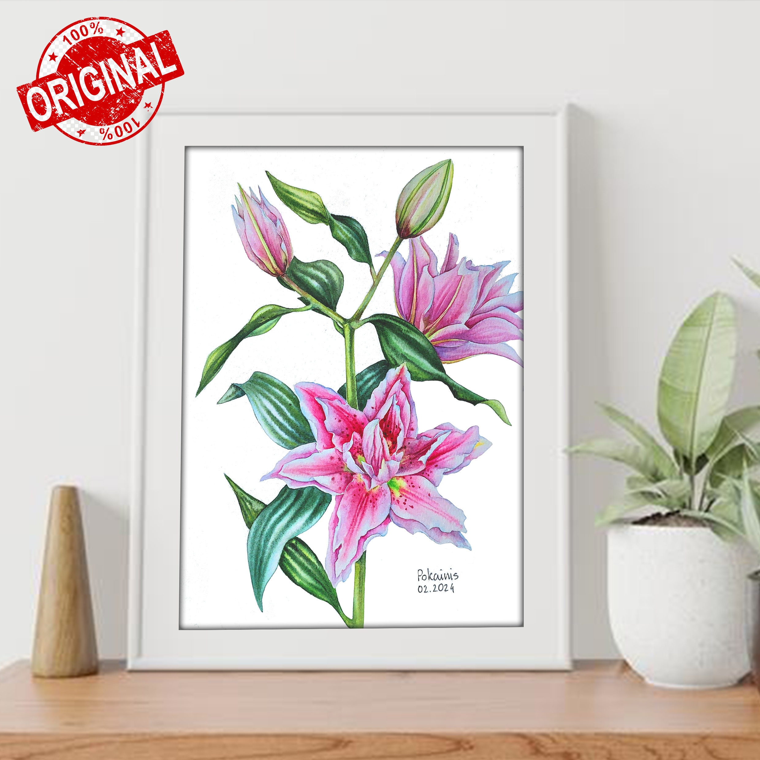 ユリのオリジナル水彩画、花の静物画、花の壁画、ピンクの花の絵画