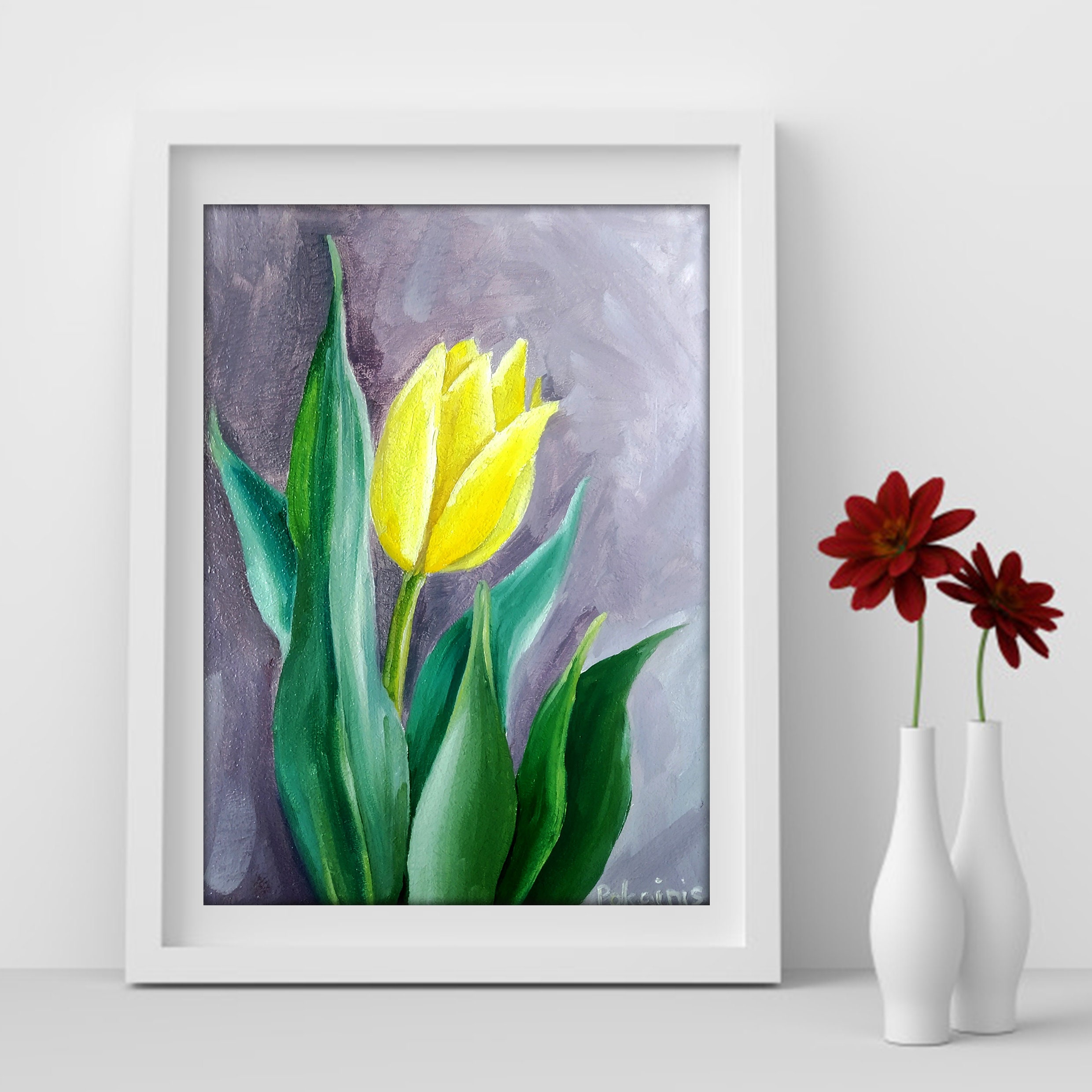 チューリップの小さなオリジナル油絵、花の静物画の壁アート