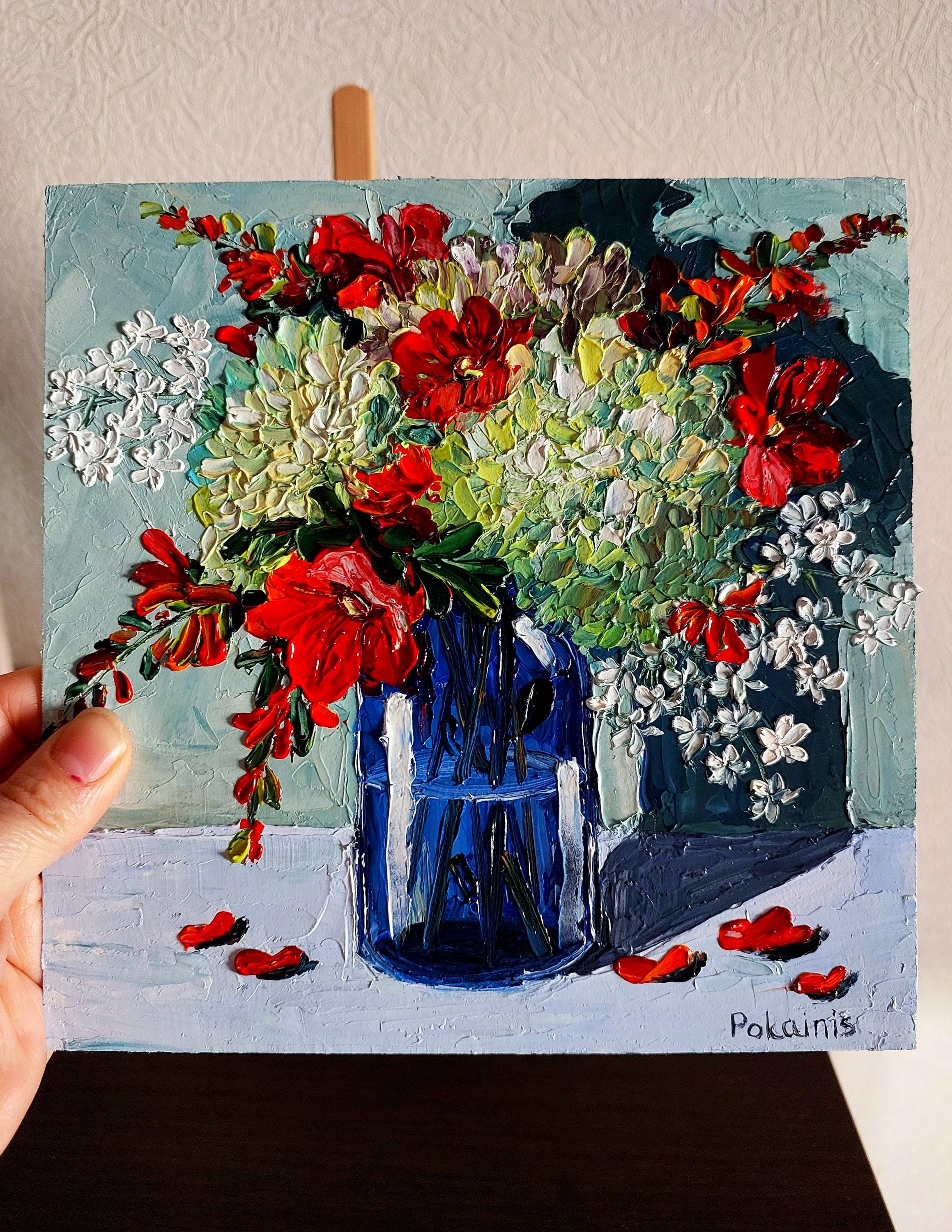 小さな花のインパスト油絵、アジサイの静物画、8x8 ファインアート