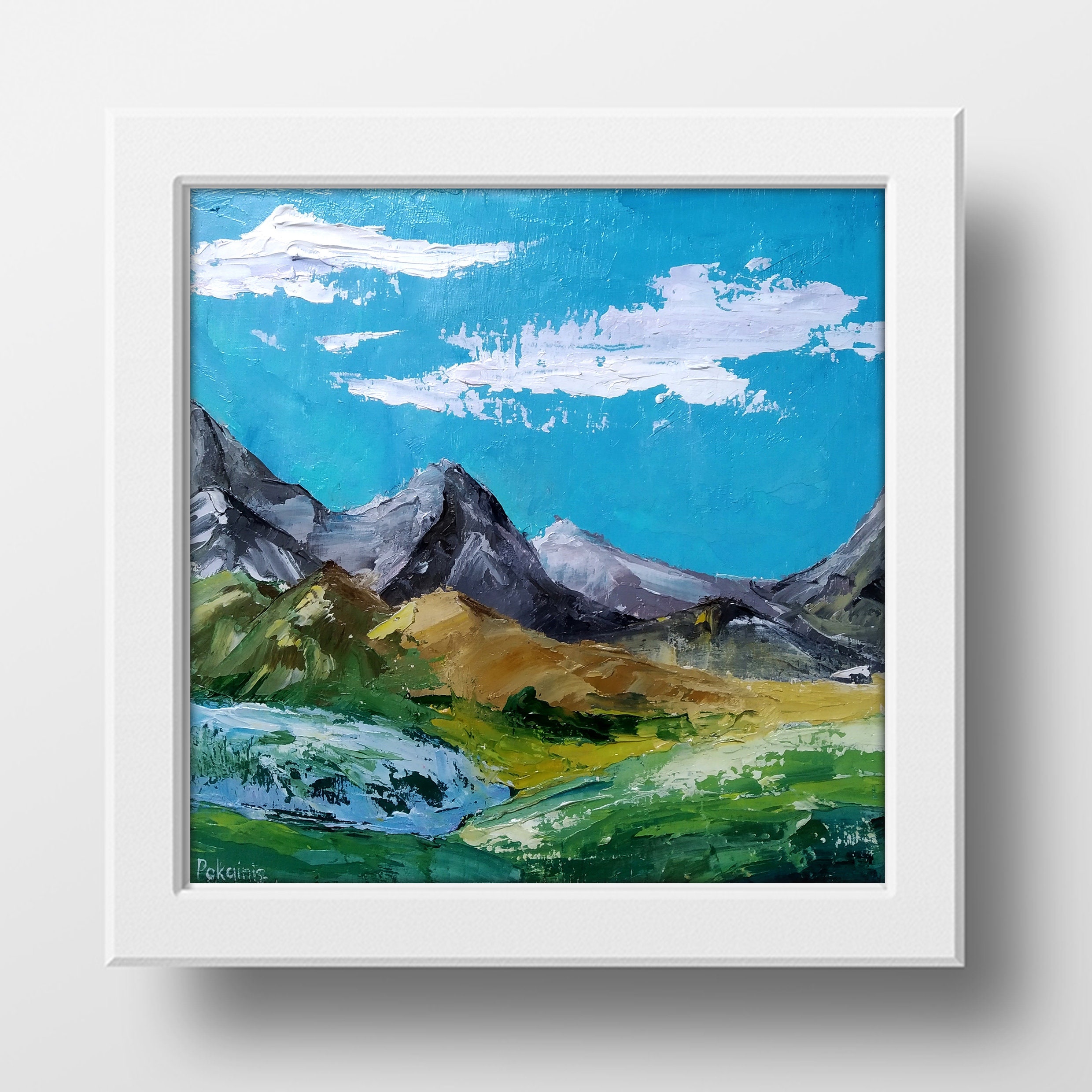 オリジナルの山の風景油絵、山の壁アート、小さな厚塗りの油絵