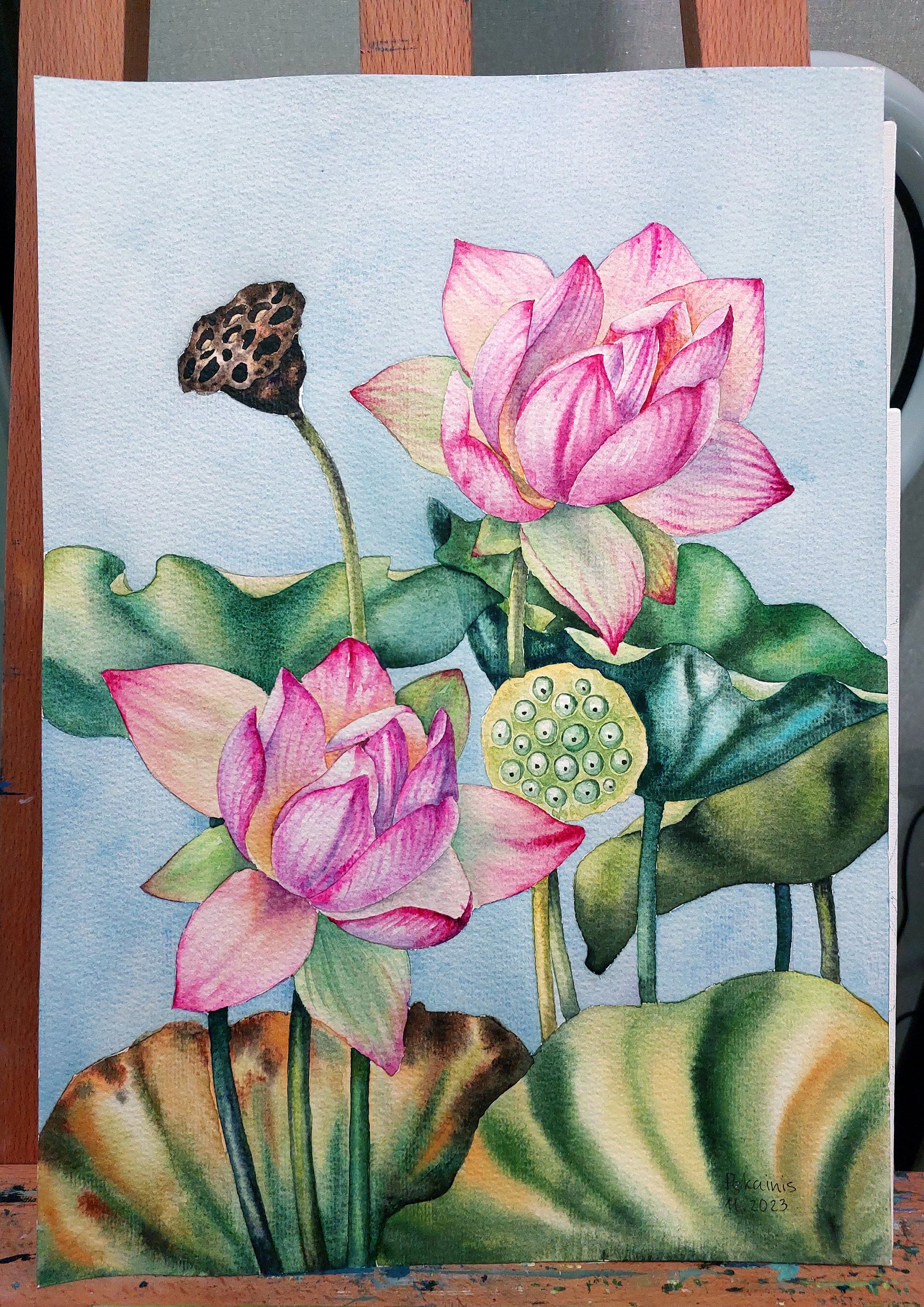 オリジナル水彩画、蓮の花の壁アート、蓮の絵、睡蓮の絵、蓮の花の