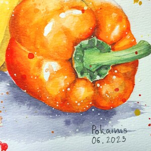 May include: A watercolor painting of a red and orange bell pepper with a green stem. The pepper is sitting on a light blue background with red, orange, and gold paint splatters. The painting is signed "Pokainis 06.2023".