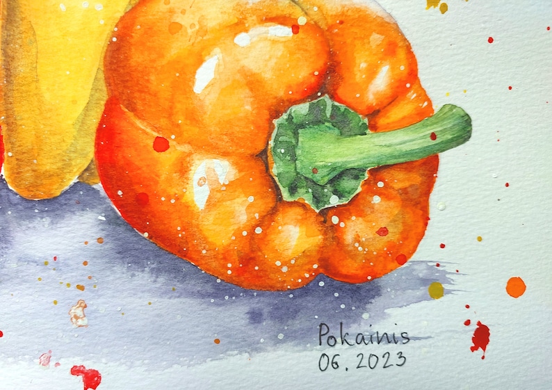 May include: A watercolor painting of a red and orange bell pepper with a green stem. The pepper is sitting on a light blue background with red, orange, and gold paint splatters. The painting is signed "Pokainis 06.2023".