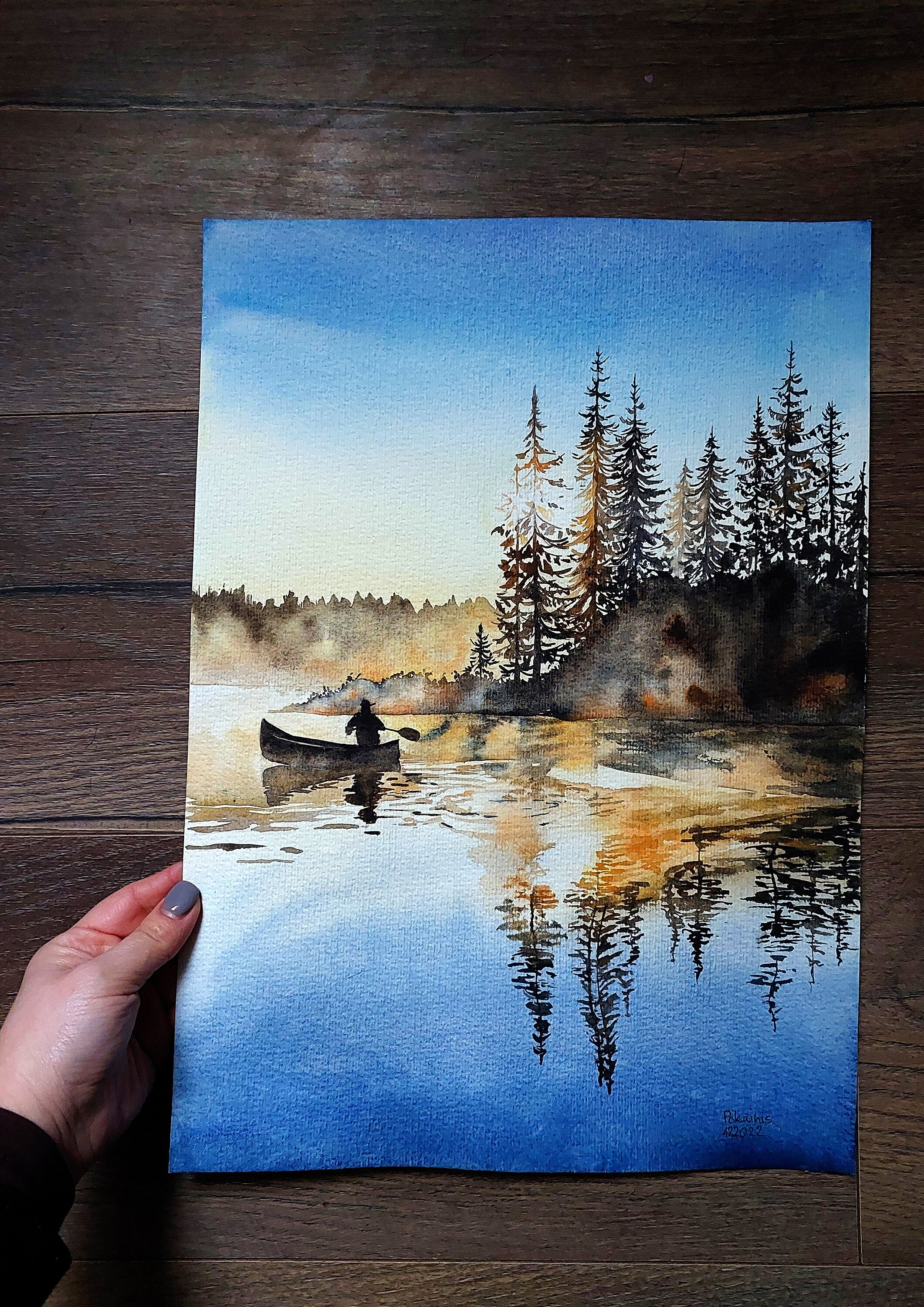 美しい油彩画 湖とボートの風景 美しい油彩画 湖とボートの風景 アートポスター 湖畔サンセット