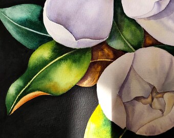 オリジナルのマグノリアの水彩画、植物の壁画、白いマグノリアの美術