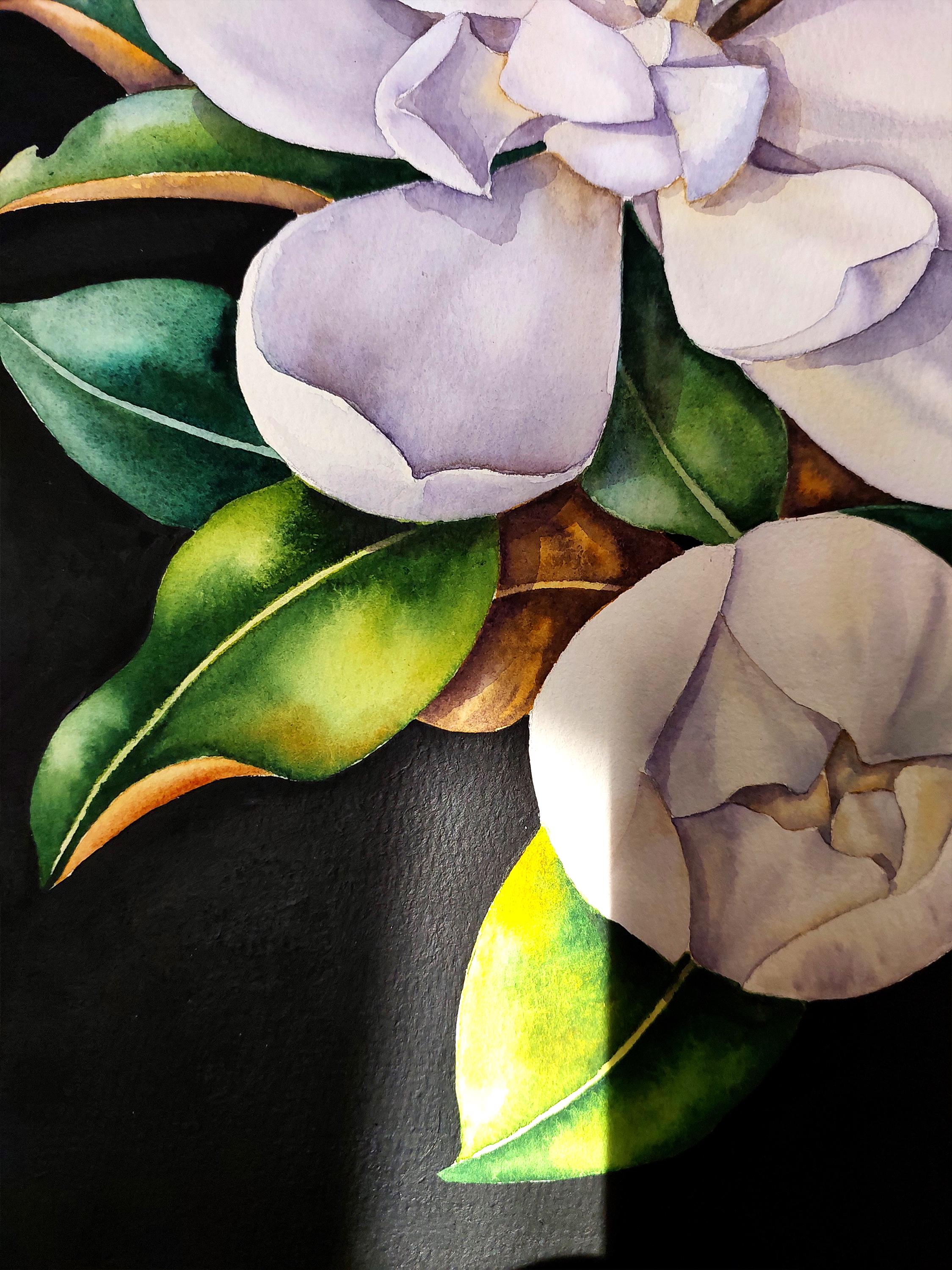 オリジナルのマグノリアの水彩画、植物の壁画、白いマグノリアの美術