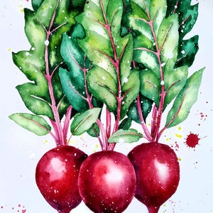 Rote Beete Original Aquarell Malerei, Garten Aquarell bildende Kunst, rotes Gemüse Dekoration, botanische Wandkunst