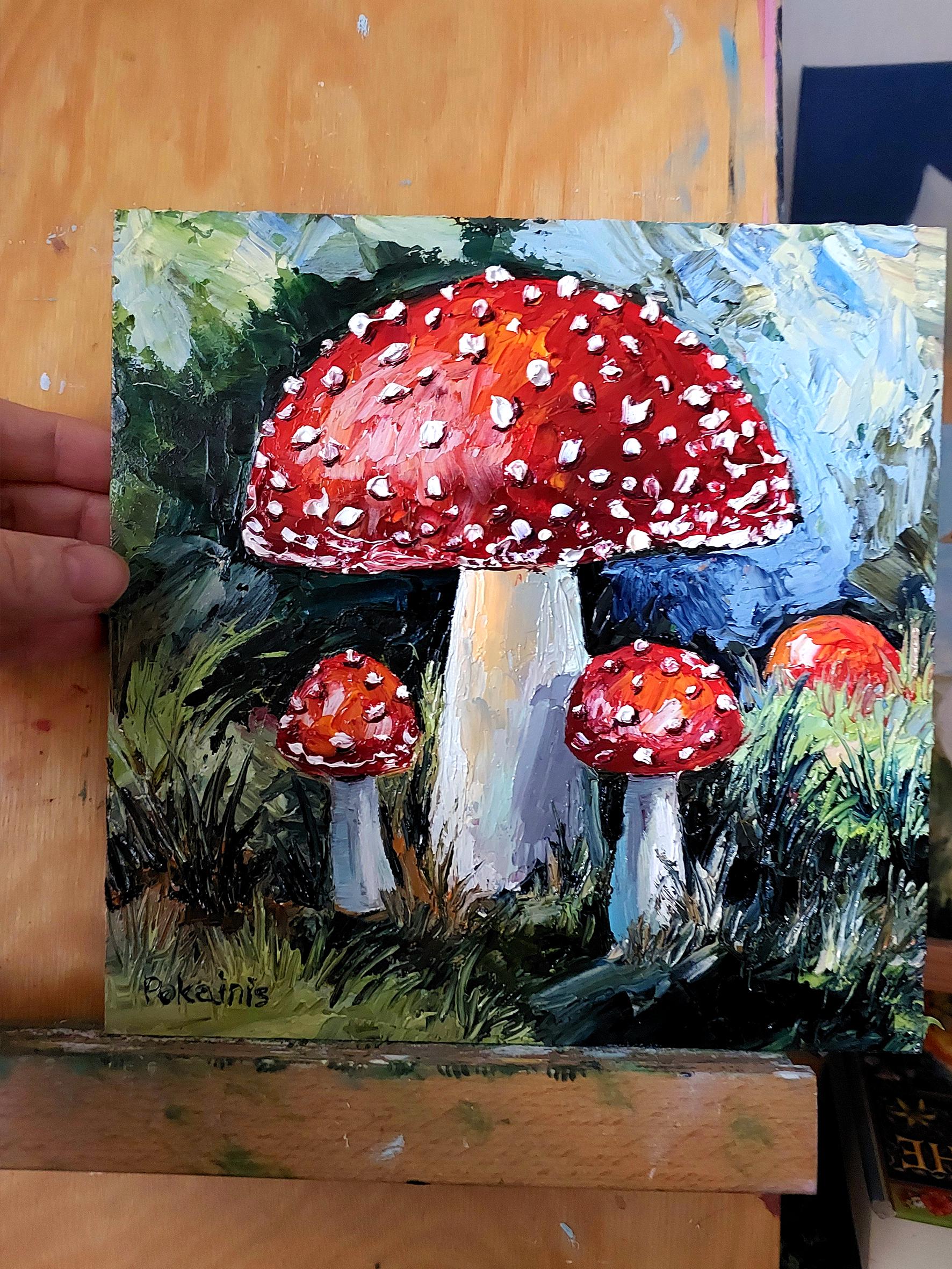 赤いキノコの油絵：ベニテングタケの植物画、8x8のインパストアート