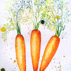 Acquerello originale di carota, pittura da giardino, arte murale di cibo, pittura per cucina, opere d'arte di verdure, belle arti di natura morta botanica