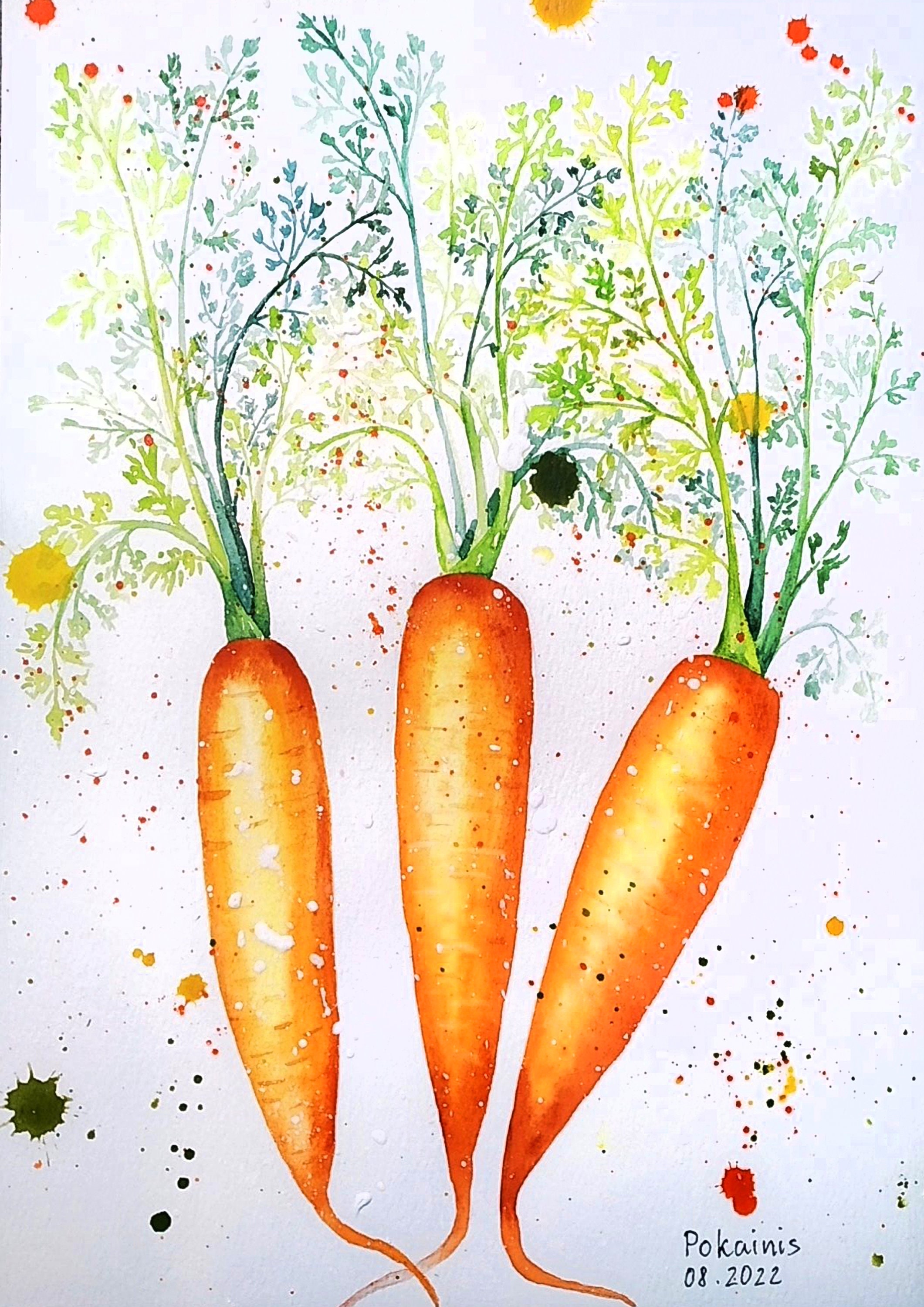 にんじんのオリジナル水彩画、庭の絵画、食べ物の壁アート、キッチンの