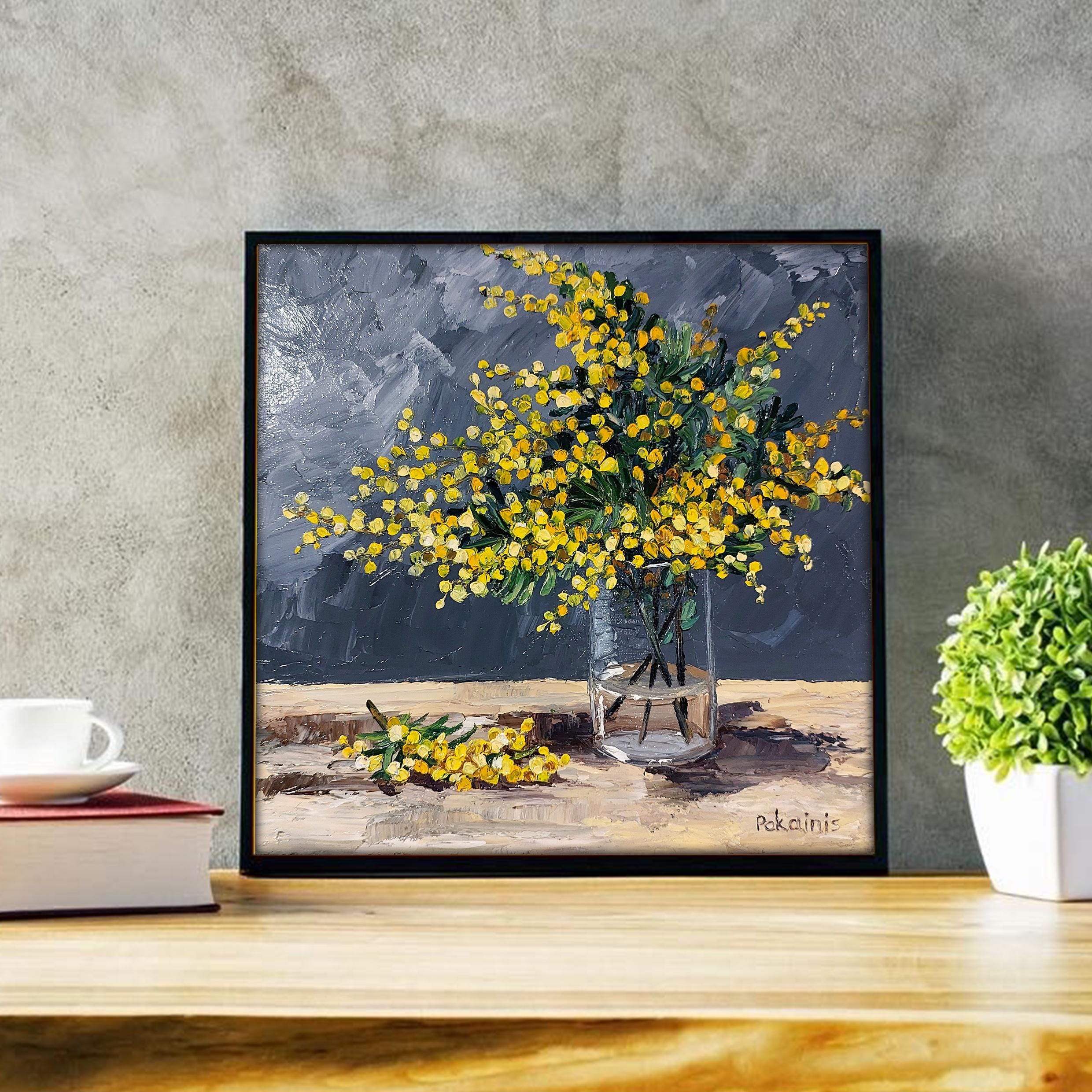 Nicholas 花瓶に生けた花 油彩画 オリジナルの厚塗り油絵、花の静物画、植物のアートワーク、ミモザの