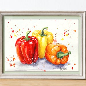 May include: Watercolor painting of three bell peppers, one red, one yellow, and one orange, on a white background with red and yellow watercolor splatters. The painting is signed "Pokains" and dated "06.2023".