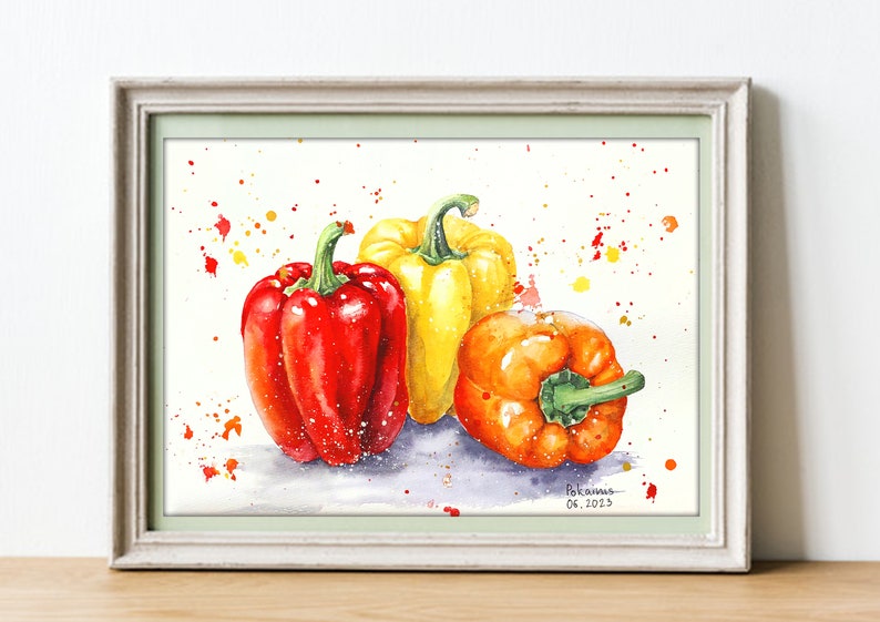 May include: Watercolor painting of three bell peppers, one red, one yellow, and one orange, on a white background with red and yellow watercolor splatters. The painting is signed "Pokains" and dated "06.2023".