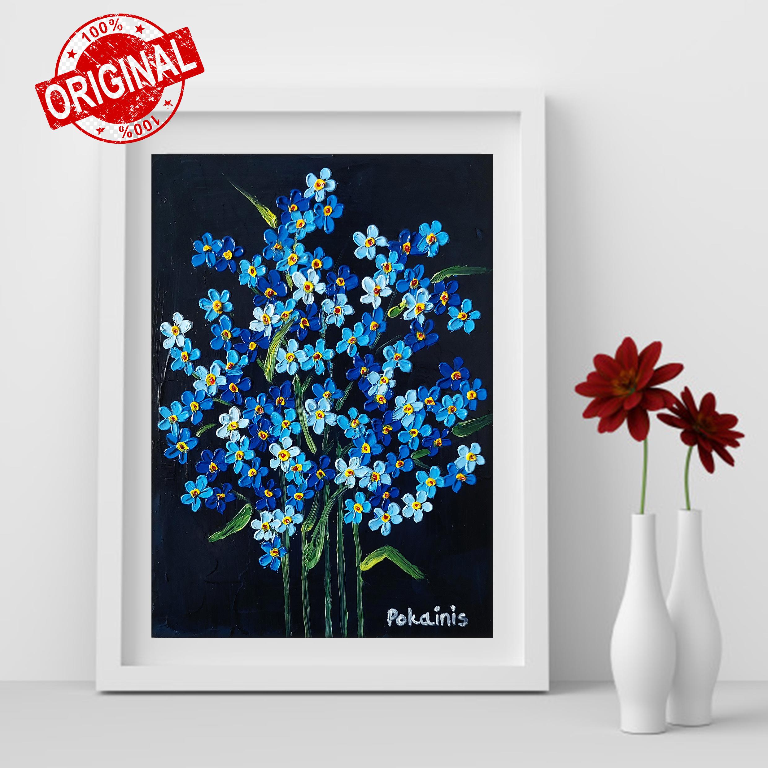 Tranquil Grace 青い花の油彩画 黒いフレーム付き Tranquil Grace 青い