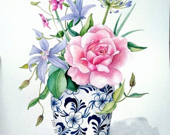 ORIGINAL watercolor painting, flowers in vase painting, still life painting, bouquet painting, chinoiserie vase wall art, watercolor rose