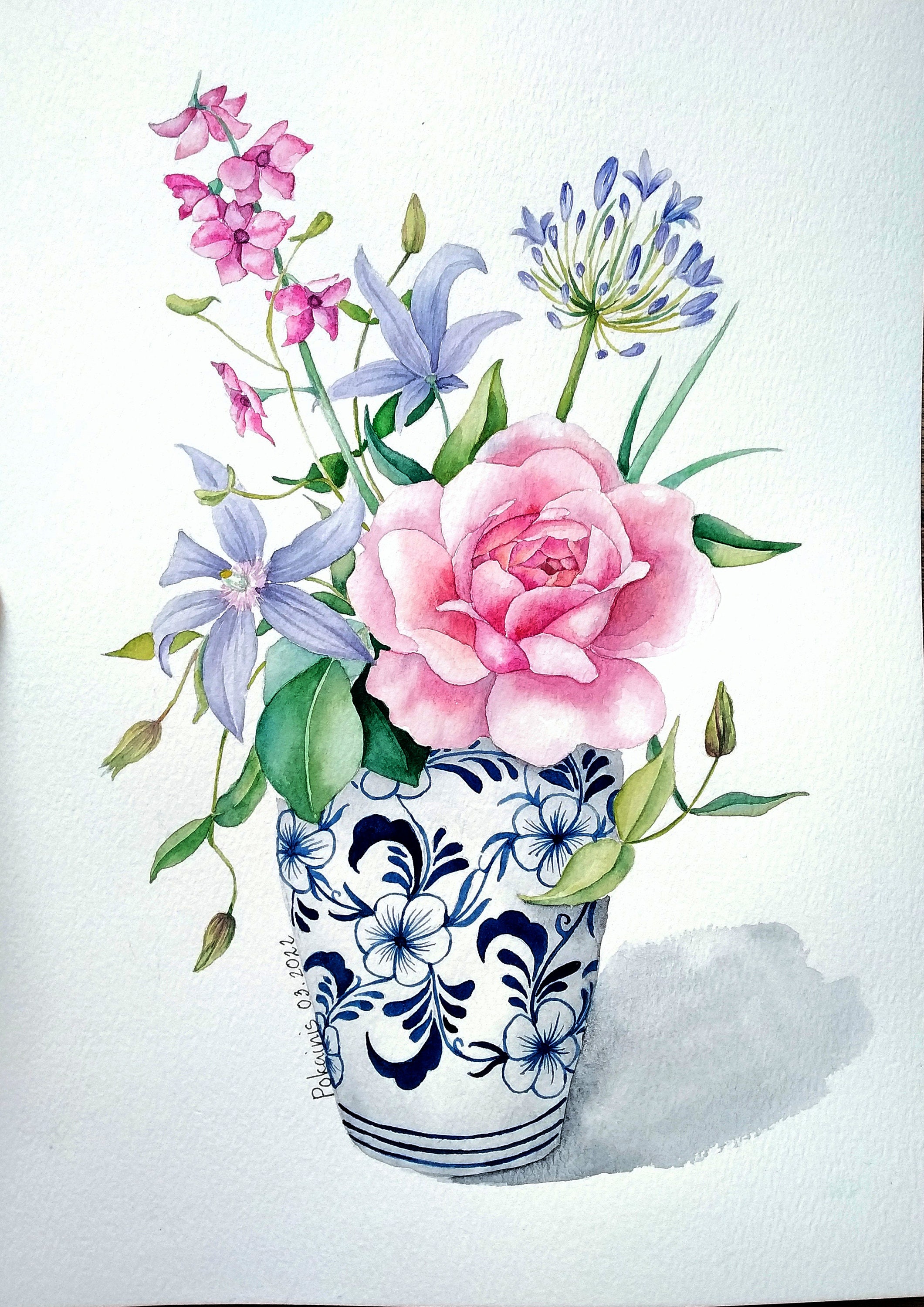オリジナルの水彩画の花瓶の絵画、花の静物画、花束のアート オリジナルの水彩画の花瓶の絵画、花の静物画、花束のアート