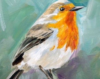 エボシガラのオリジナル油絵、小鳥の壁アート（8x6）、鳥好きへの