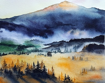 Aquarelle originale, peinture de forêt brumeuse, oeuvre d'art coucher de soleil, peinture de montagne, art mural montagne, peinture d'oeuvre d'art originale forêt