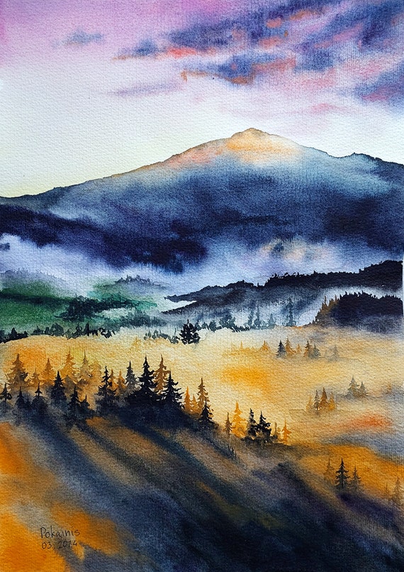 オリジナルの水彩画の霧の森の絵画、夕日の山のアートワーク、魅惑の森