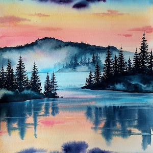 オリジナル冬の夕焼け水彩画、森の風景、16x12 - Etsy 日本