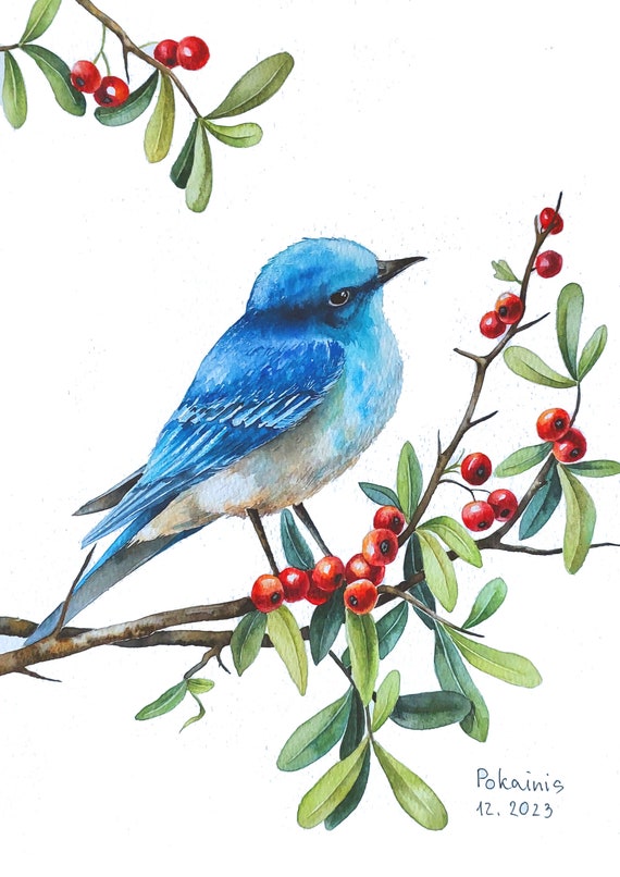 オリジナルの青い鳥の水彩画：枝に止まる鳥、竹紙 - Etsy 日本