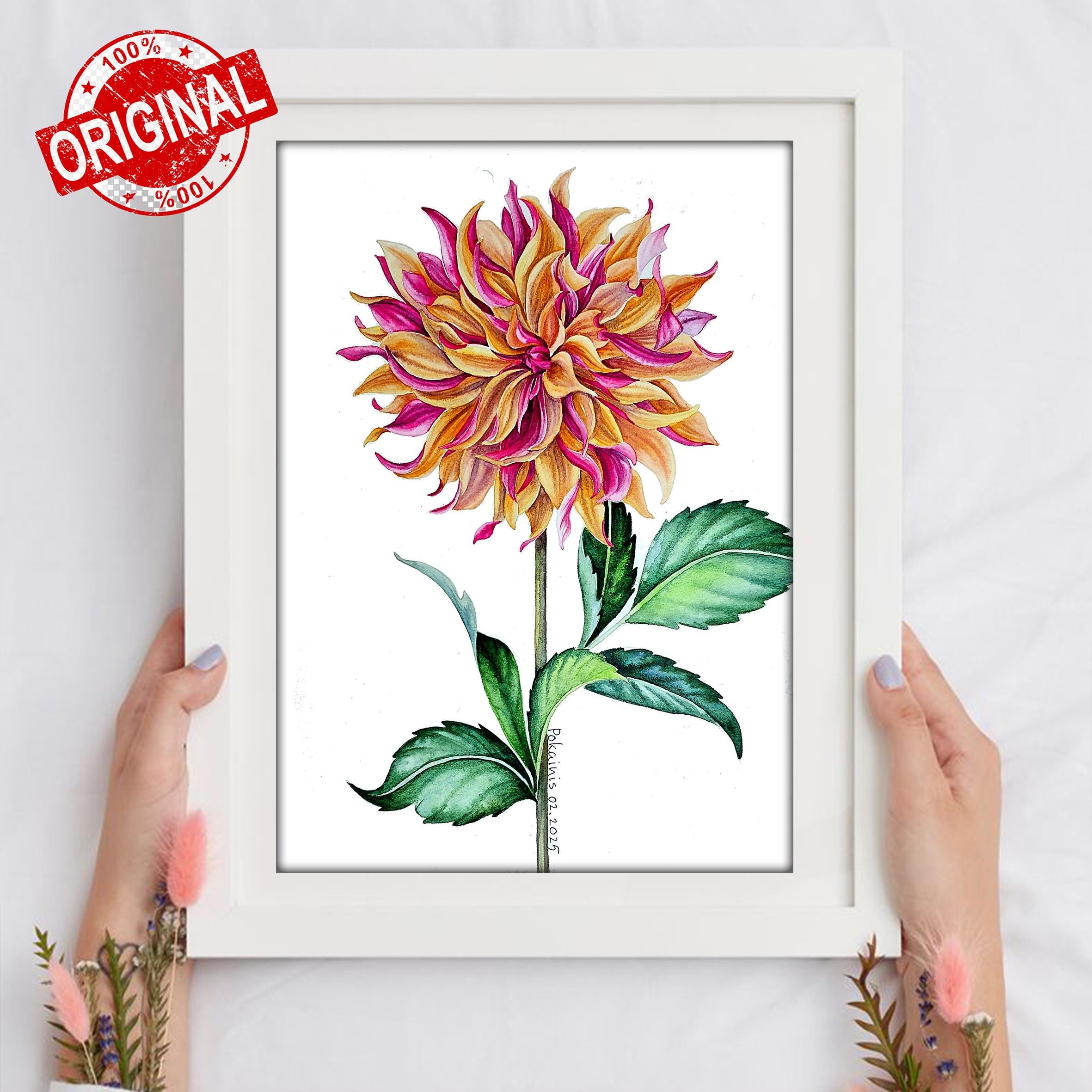 オリジナルのダリア水彩画、植物画の壁掛けアート - Etsy 日本