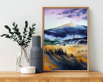 オリジナルの水彩画の霧の森の絵画、夕日の山のアートワーク、魅惑の森
