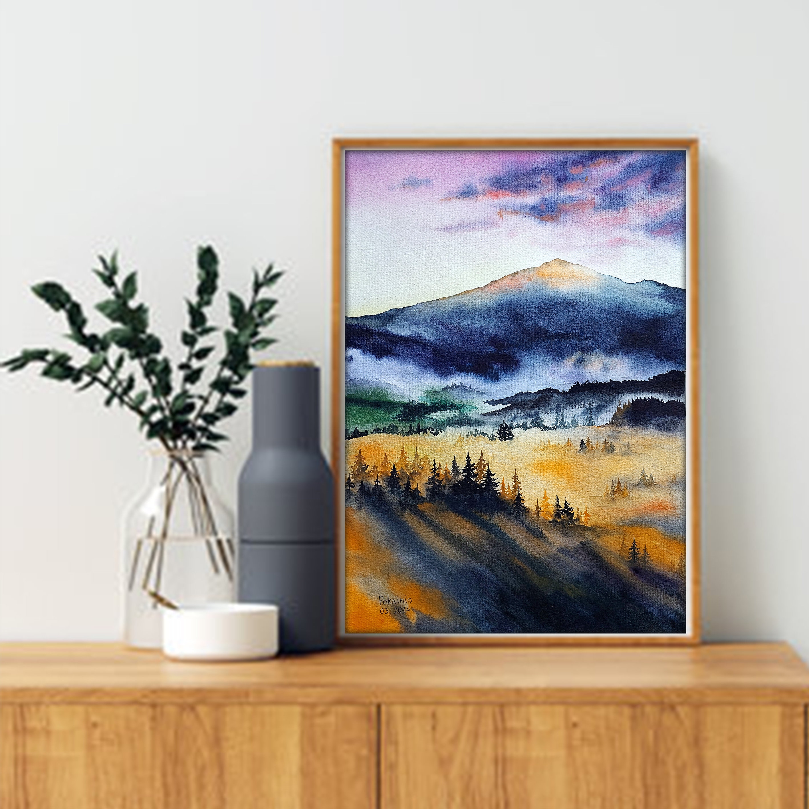 オリジナルの水彩画の霧の森の絵画、夕日の山のアートワーク、魅惑の森