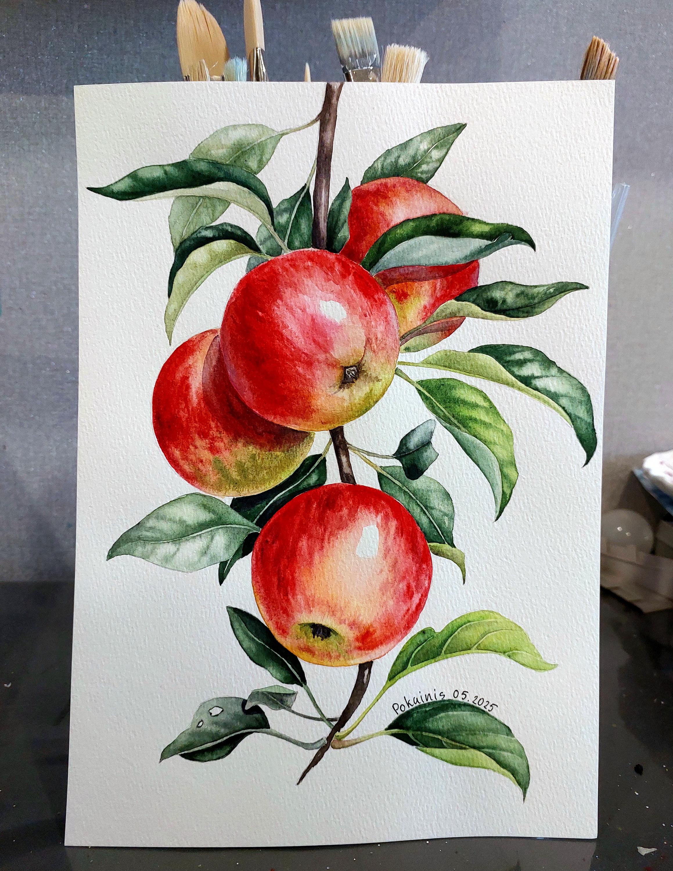 オリジナルの水彩画、リンゴの壁アート、赤いリンゴの絵画、フルーツの