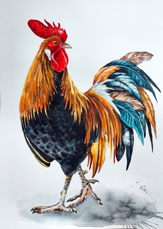 オリジナルの水彩画、雄鶏の絵、鳥の水彩画、農家の雄鶏のアート、農場