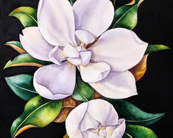 Pintura ORIGINAL em aquarela de magnólia, arte botânica de parede, belas artes de magnólia branca, pintura de folhas de magnólia, arte de natureza morta floral