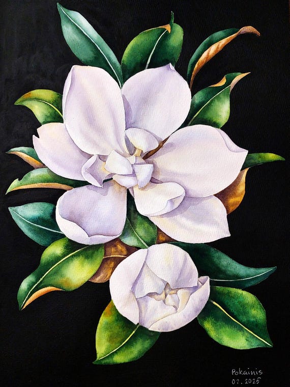 オリジナルのマグノリアの水彩画、植物の壁画、白いマグノリアの美術