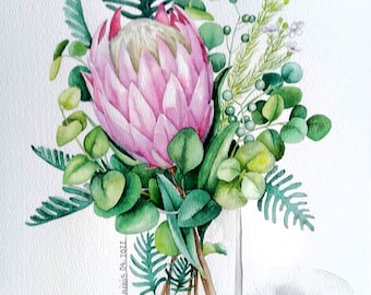 ORIGINAL watercolor painting, eucalyptus wall art, flowers in vase painting,  eucalyptus bouquet, custom bouquet artwork, botanical artwork