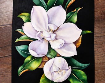 オリジナルのマグノリアの水彩画、植物の壁画、白いマグノリアの美術