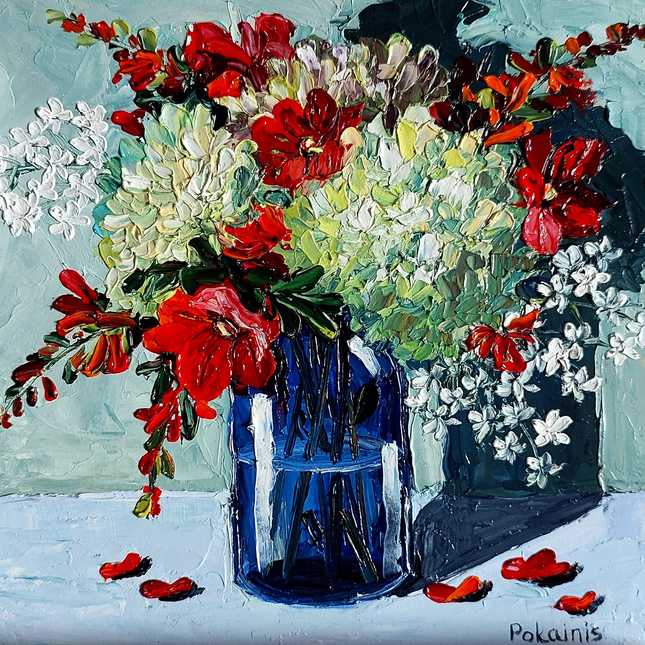 小さな花のインパスト油絵、アジサイの静物画、8x8 ファインアート