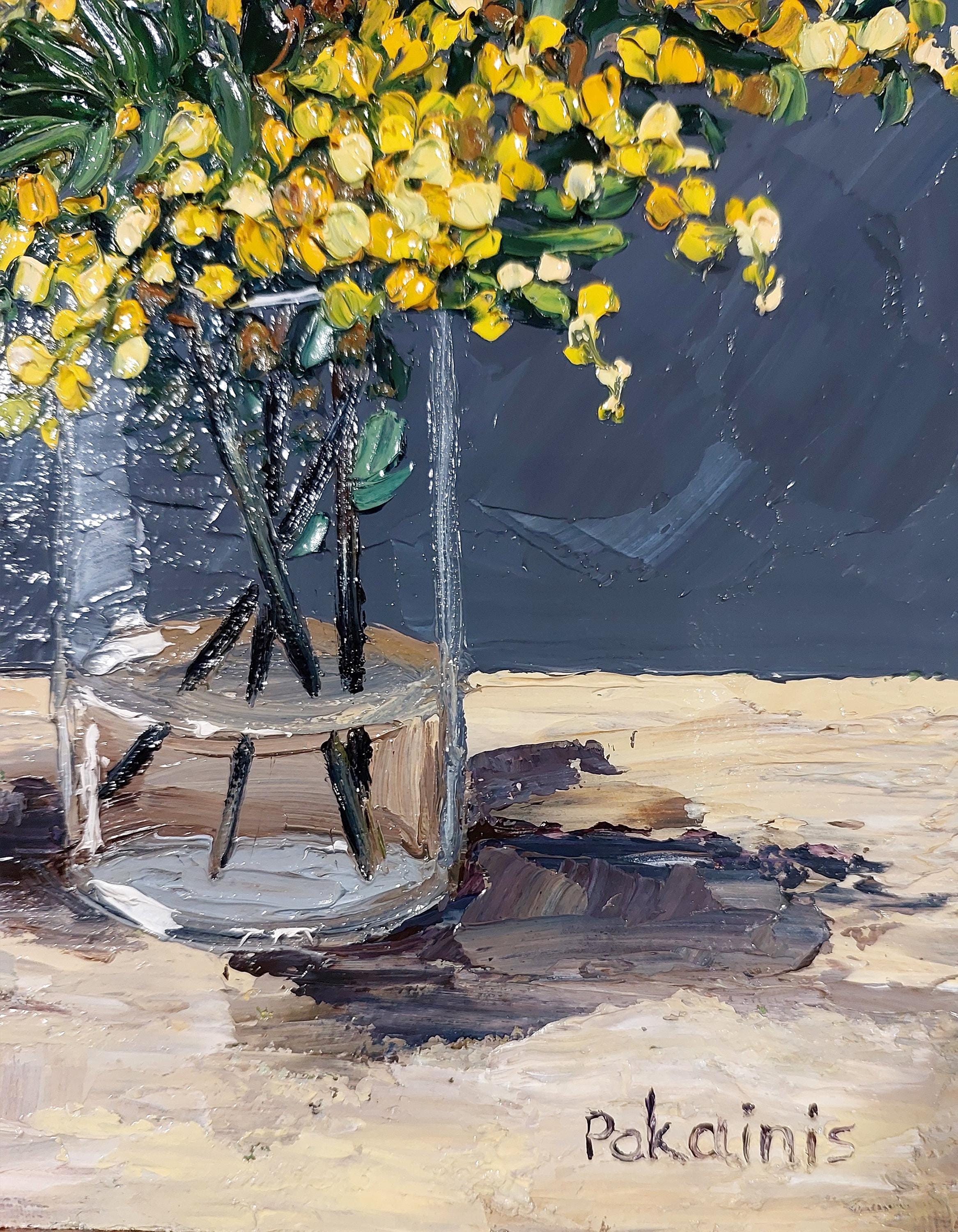 オリジナルの厚塗り油絵、花の静物画、植物のアートワーク、ミモザの