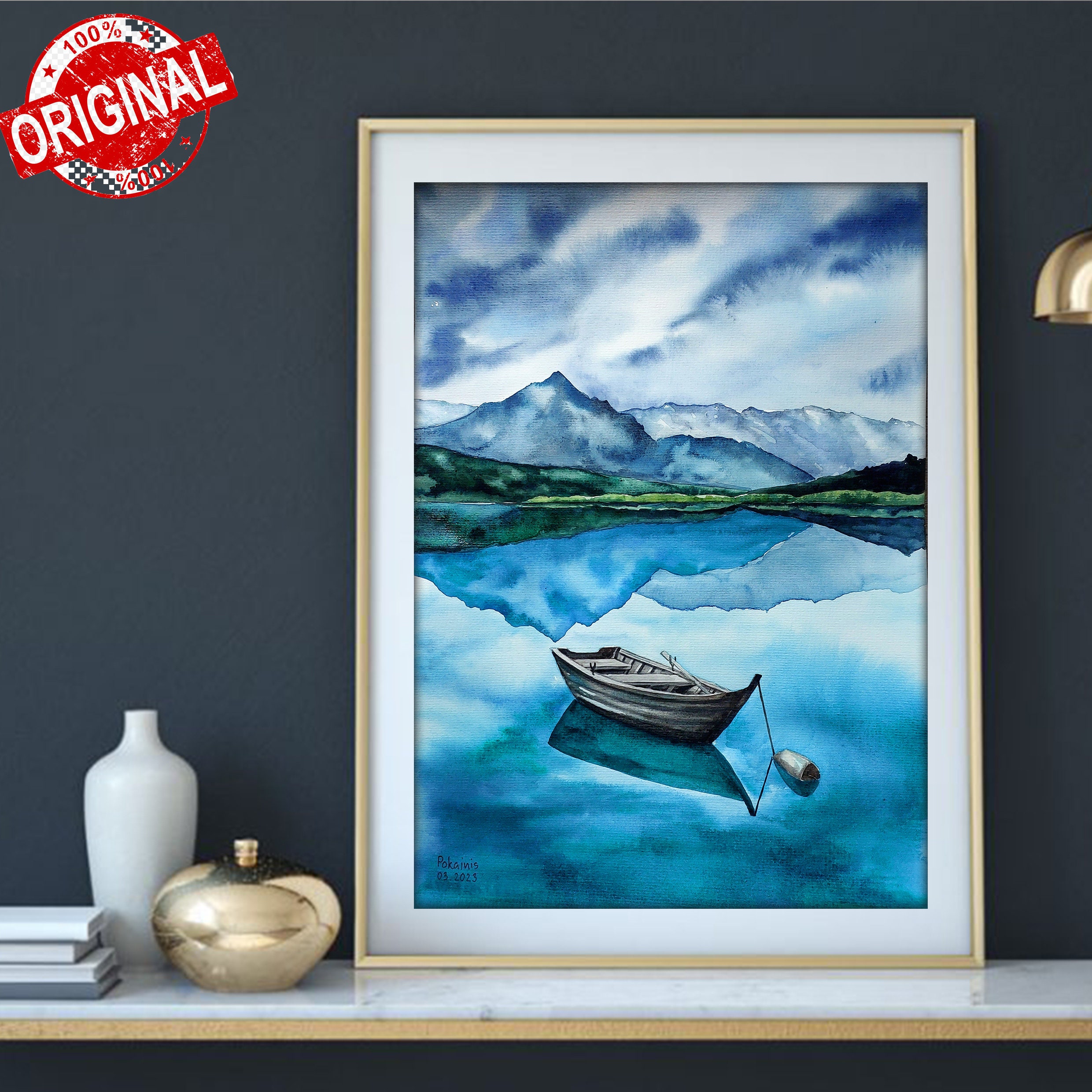 山の湖の風景を描いたオリジナル水彩画、ボート風景画 - Etsy 日本