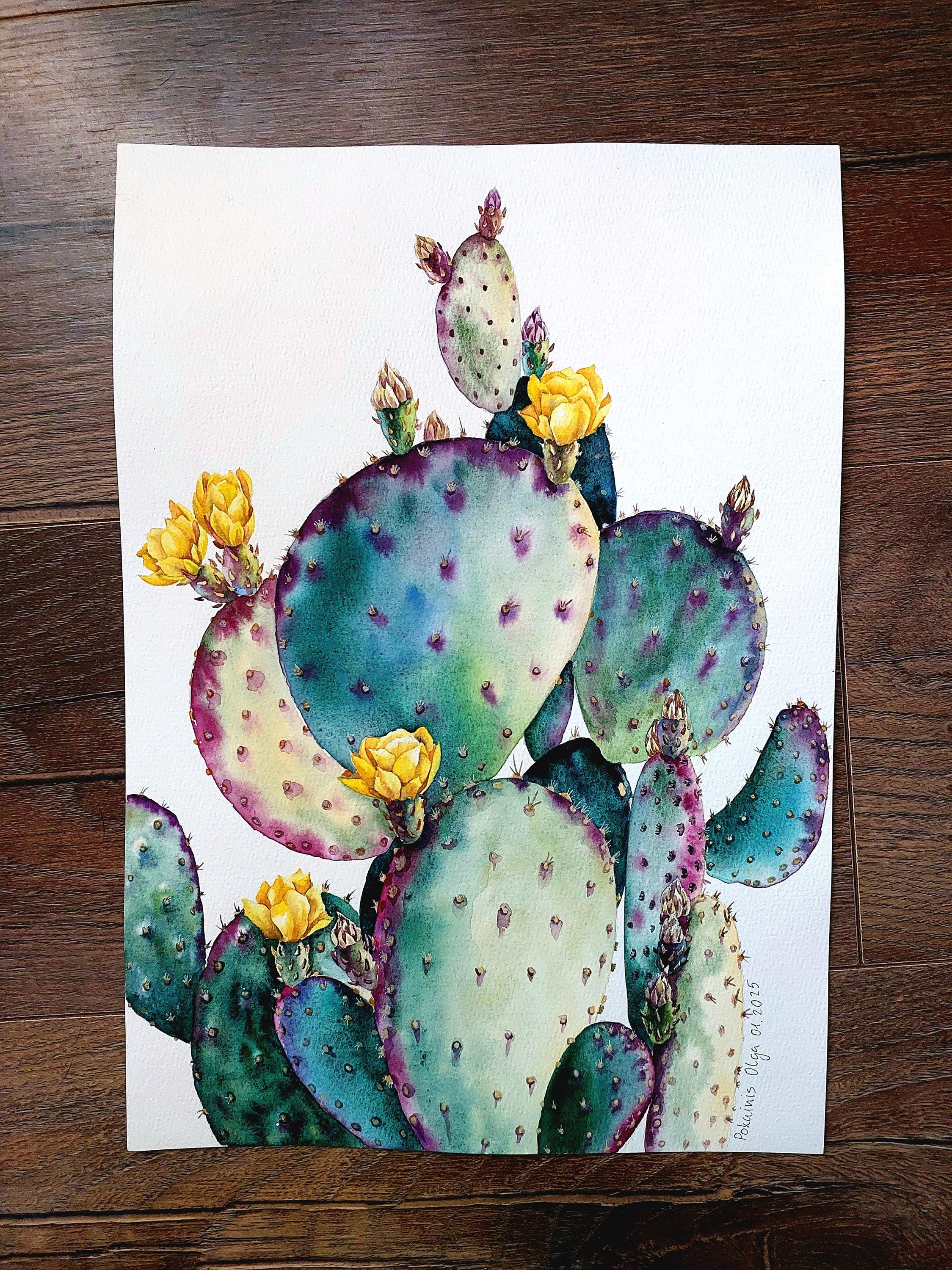 オリジナル水彩画、アリゾナの風景画、多肉植物の壁アートサボテンの
