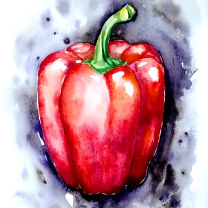 Red pepper original watercolor painting, vegetable wall art, fruit still life painting, kitchen wall art, botanical artwork, food fine art