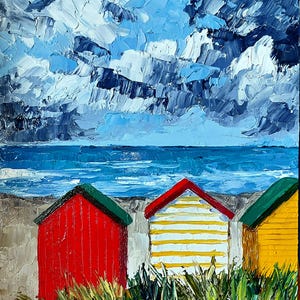 Peinture à l'huile originale de maison de plage, art mural côtier, peinture 7 x 8, petite peinture à l'huile de paysage, art mural de maison de plage, oeuvre d'art de paysage marin